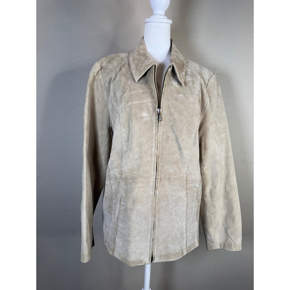 Christopher & Banks Womens Large Beige Pig‎ Leather Zip Front Jacket With Collar
